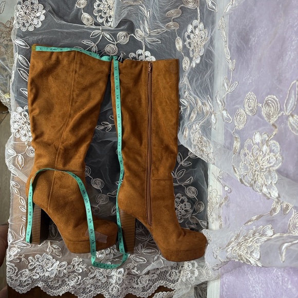 Elegant Wide Calf Tan Suede Platform Heeled Boots - Picture 13 of 15